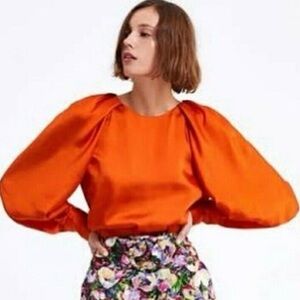 Zara Women's Orange Puff Sleeve Blouse Diamanté Button Satin Top Size Small NWT